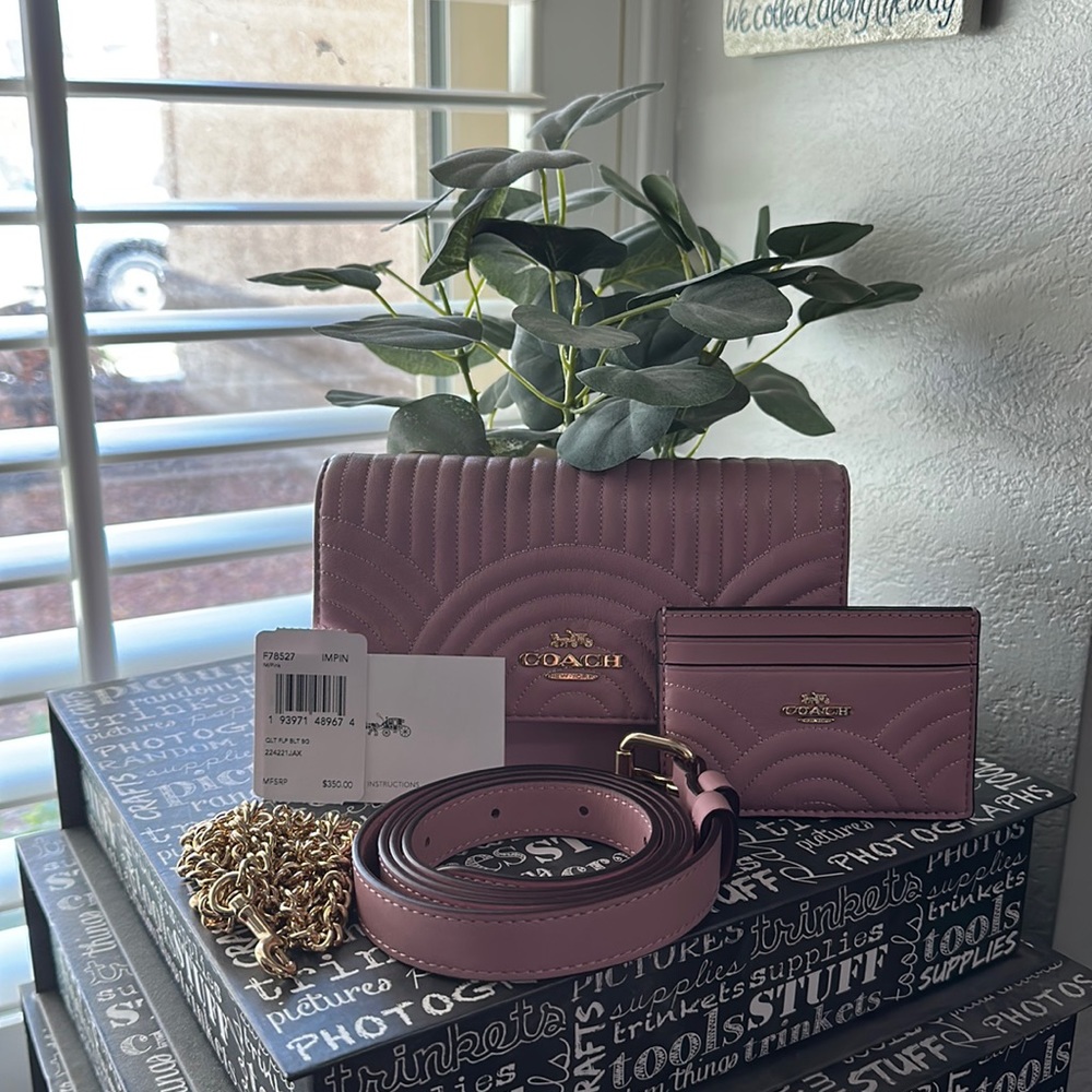 NWT Coach pink leather quilted flap belt bag with matching card holder.